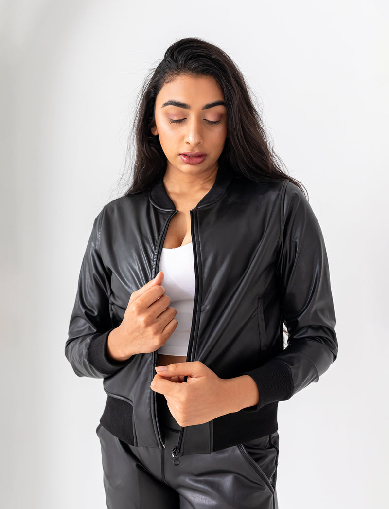 LADIES ON-THE-GO VEGAN LEATHER BOMBER JACKET