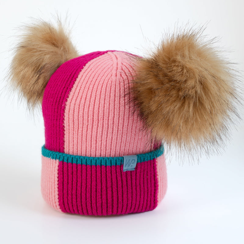 Girl's Pink Colour Block Pom Pom Toque