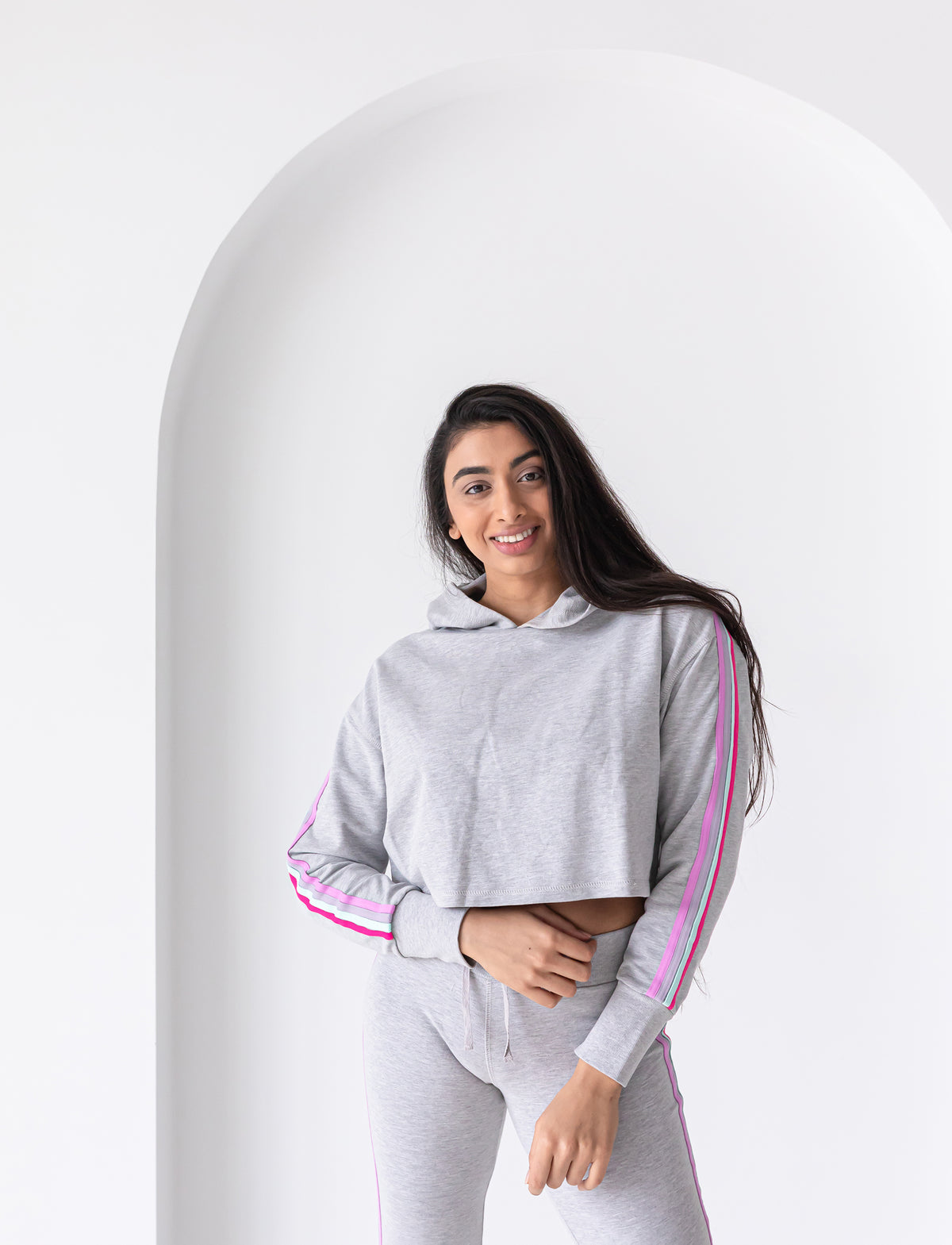 LADIES CROP RAINBOW STRIPE HOODY