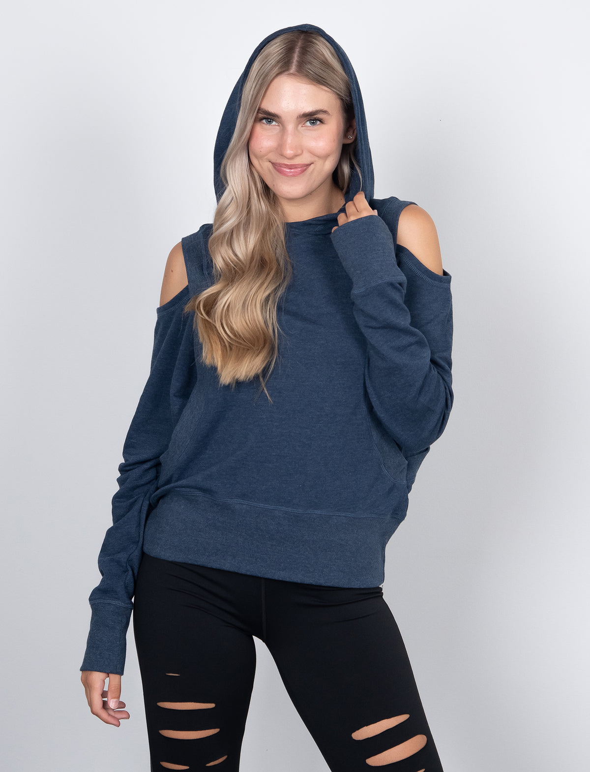 LADIES OPEN SHOULDER HOODED SWEATSHIRT