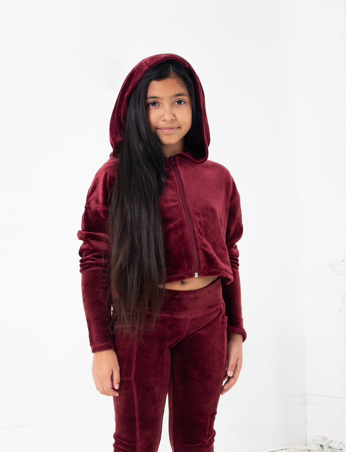 GIRLS 2-6 STRETCH VELVET ZIP FRONT HOODY