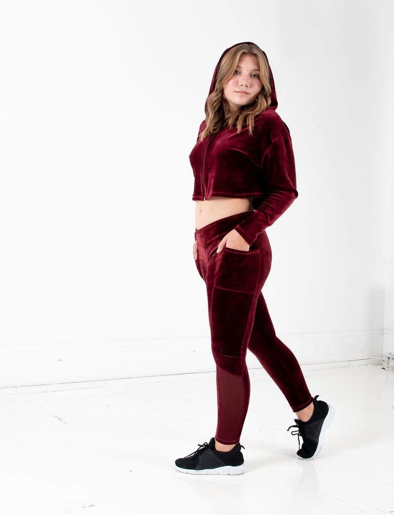 GIRLS STRETCH VELVET ZIP FRONT HOODY