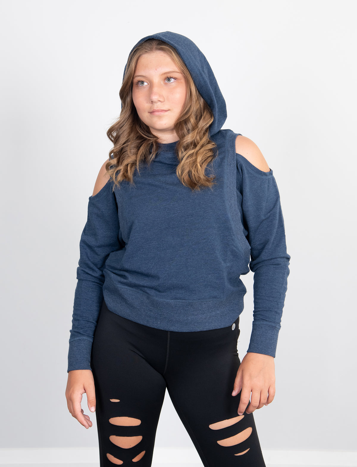 GIRLS OPEN SHOULDER HOODED SWEATSHIRT