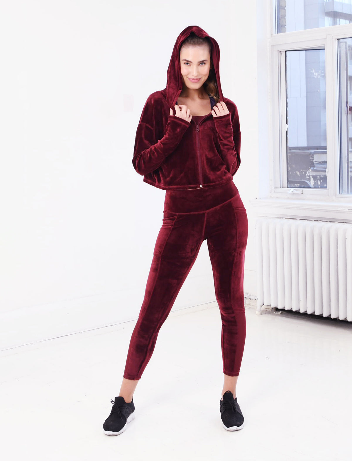 LADIES STRETCH VELVET ZIP FRONT HOODY