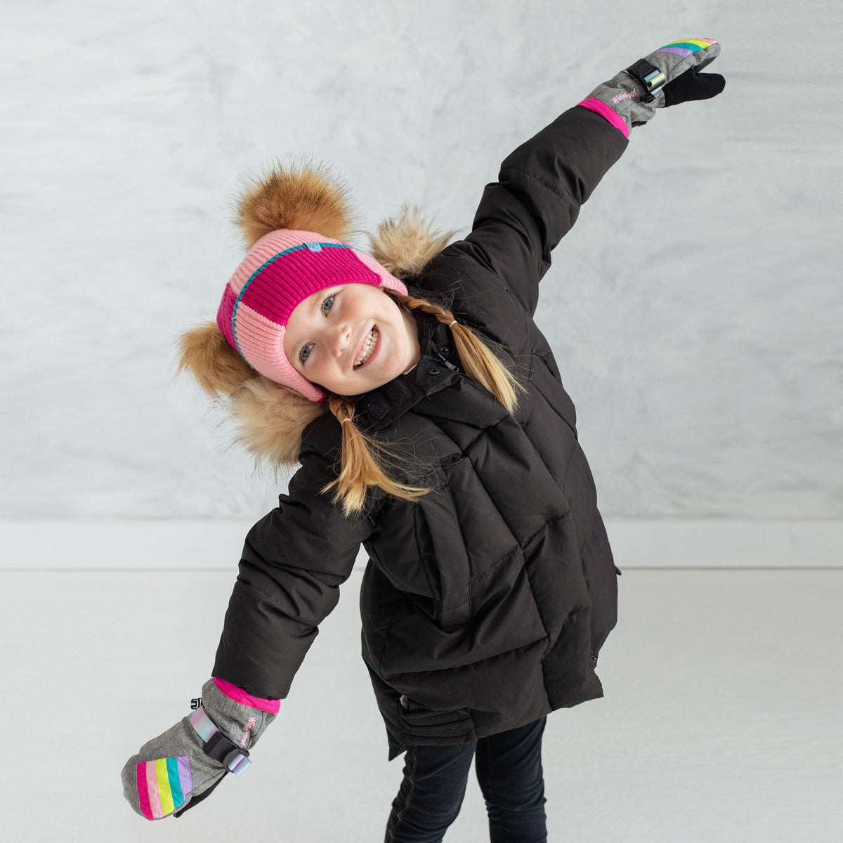 Little Girl's Grey Color Block Mittens