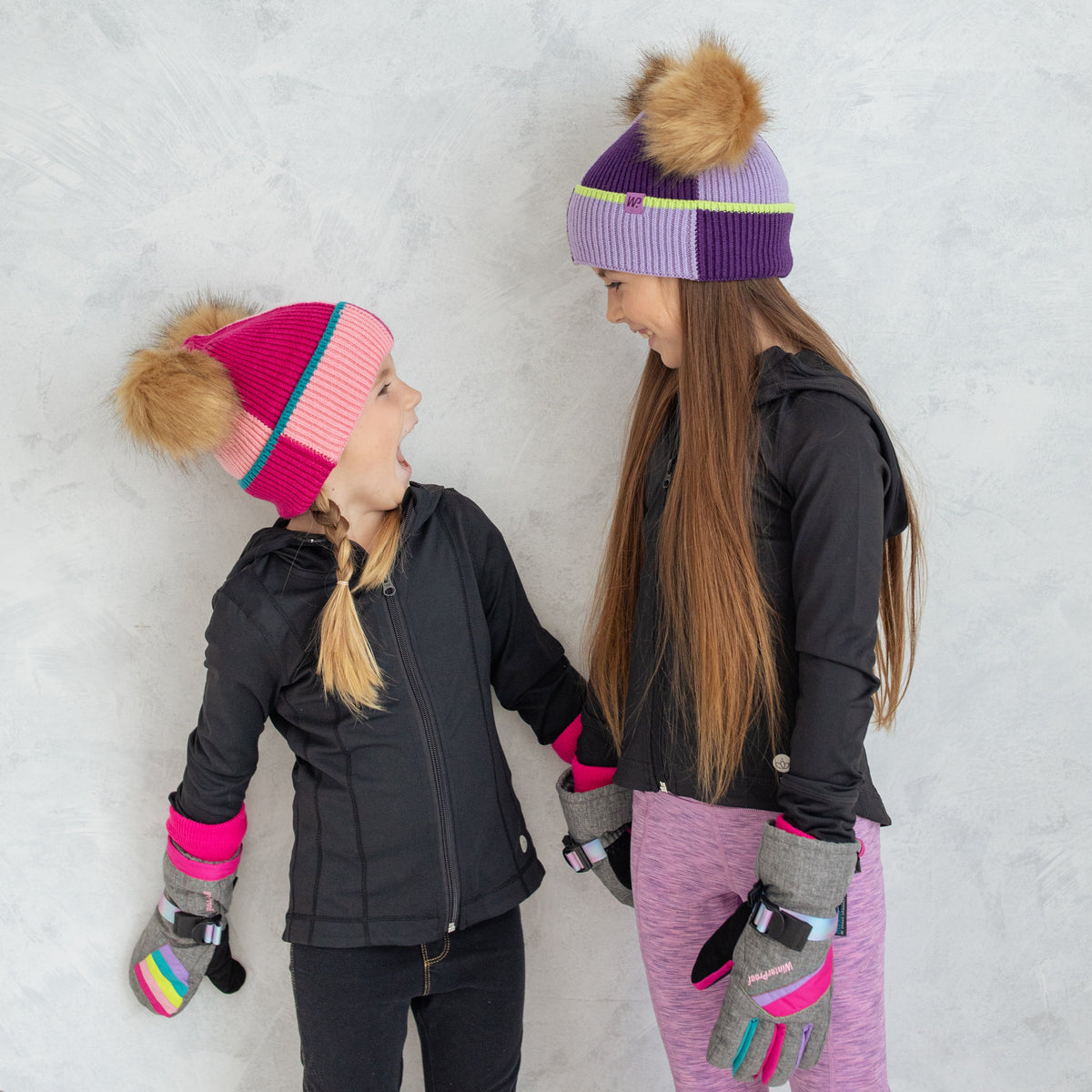 Girl's Purple Colour Block Pom Pom Toque