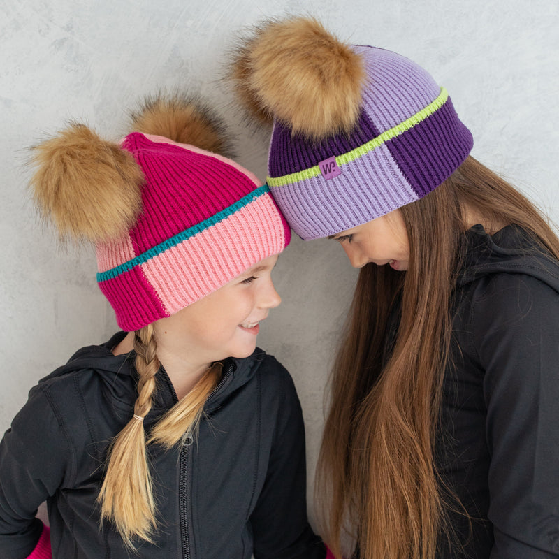 Girl's Purple Colour Block Pom Pom Toque