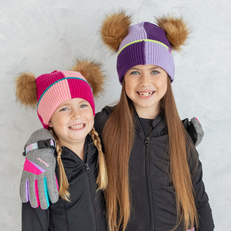 Girl's Purple Colour Block Pom Pom Toque