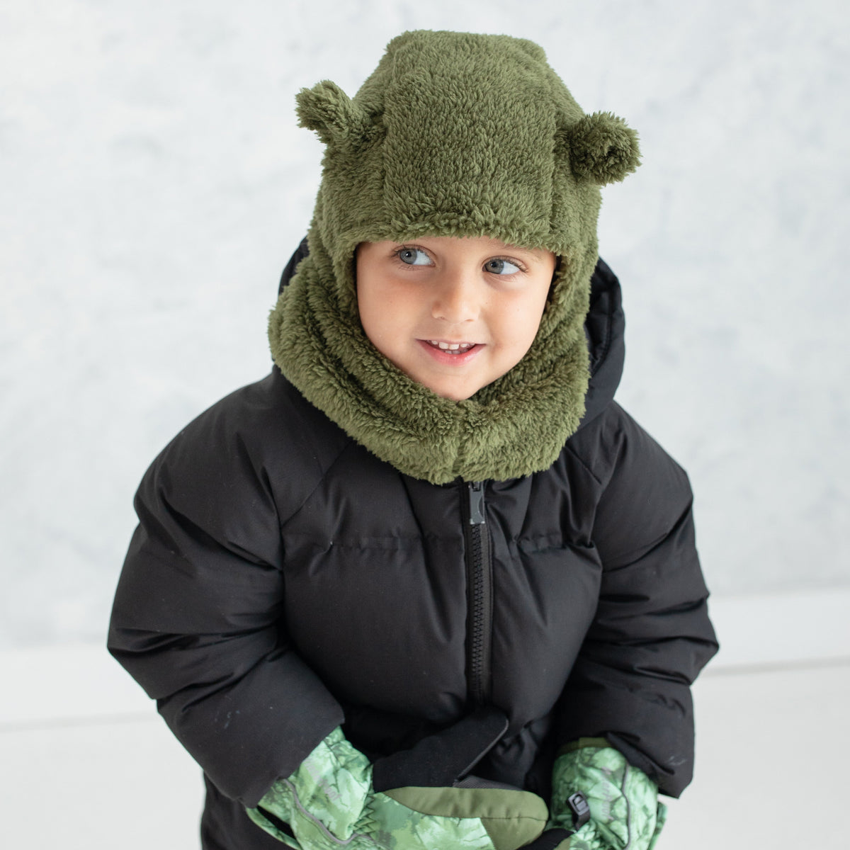 Little Boy's Army Green Plush Bear Ears Balaclava