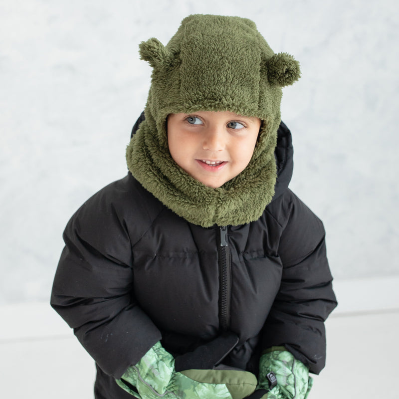 Little Boy's Army Green Plush Bear Ears Balaclava