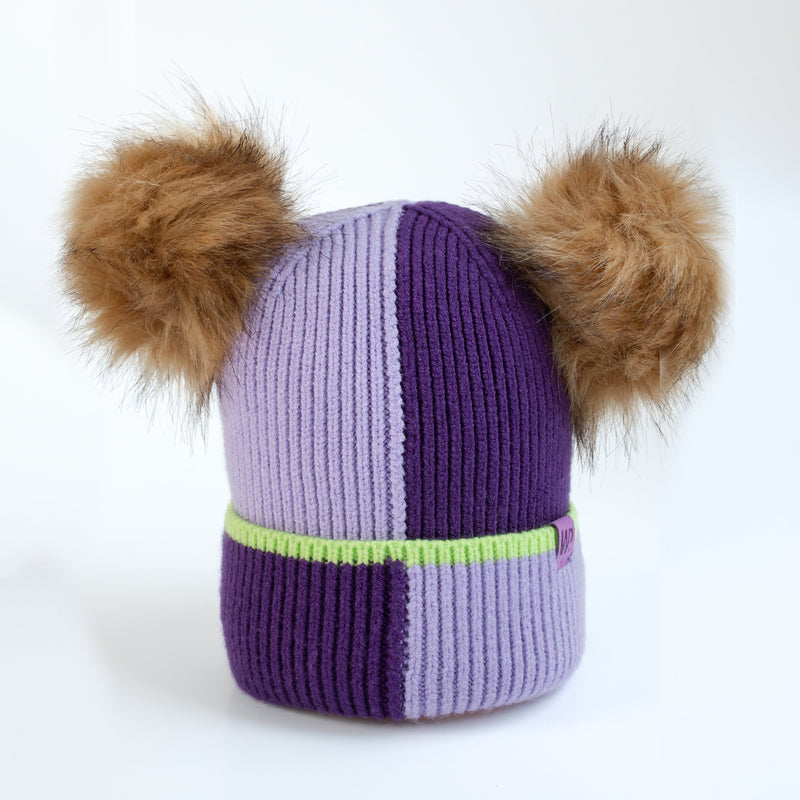 Girl's Purple Colour Block Pom Pom Toque