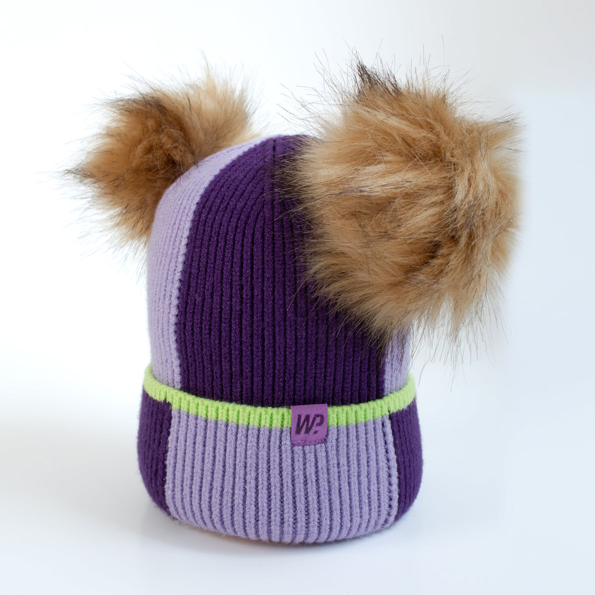 Girl's Purple Colour Block Pom Pom Toque